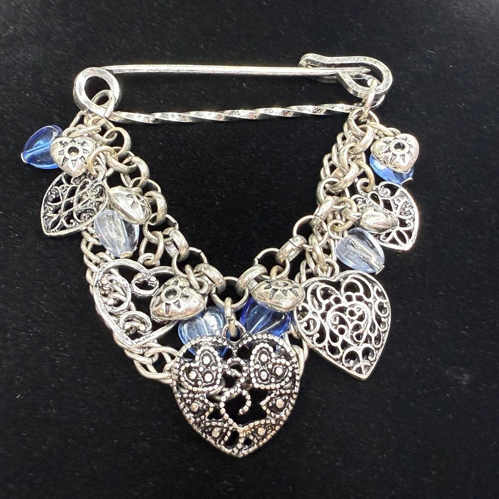 VTG Heart Charm Cluster Lapel Pin Brooch Silver and Blue Beads Statement Jewelry - Picture 2 of 6